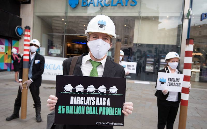 Campaigners protesting at Barclays Piccadilly branch in London