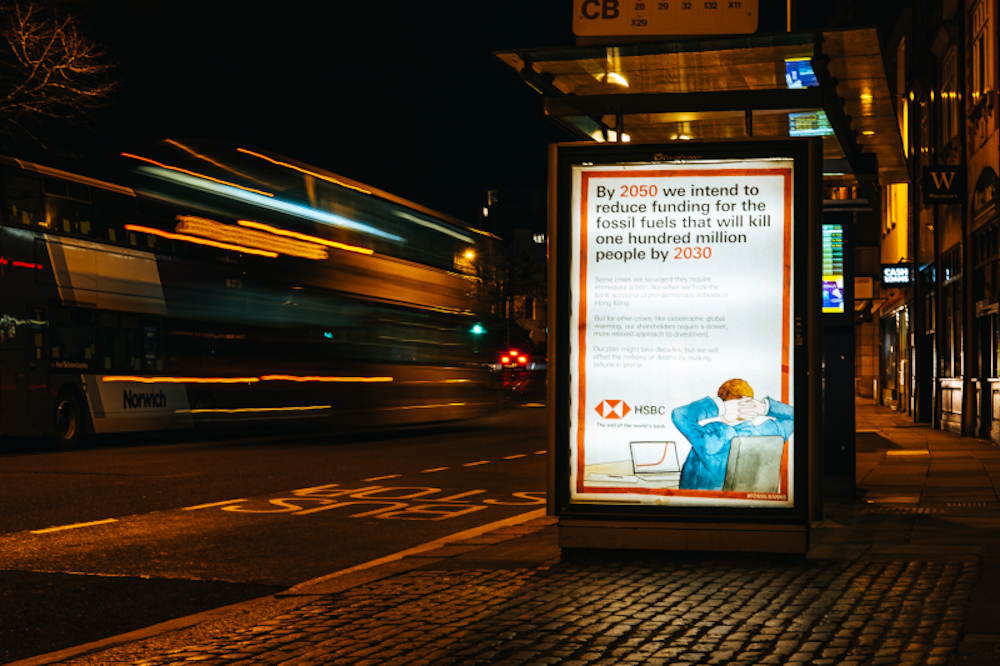 A spoofed HSBC advert on a bus stop