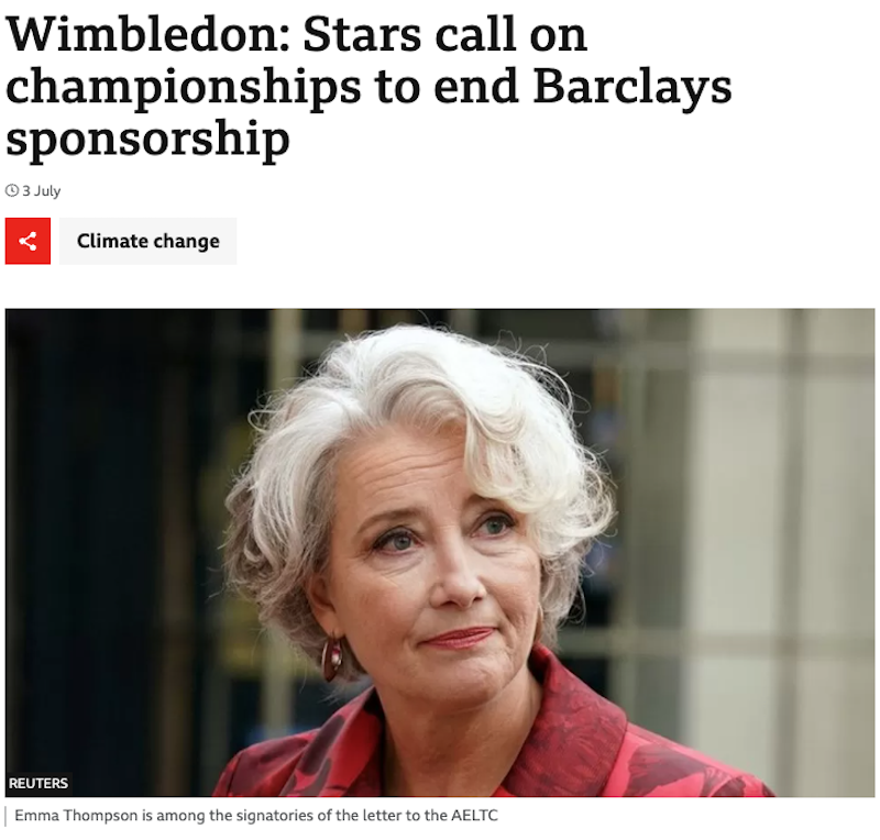 BBC article about celebrities calling on Wimbledon to drop Barclays